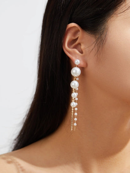 Long Pearl Earrings with Crystal Tassel Chain