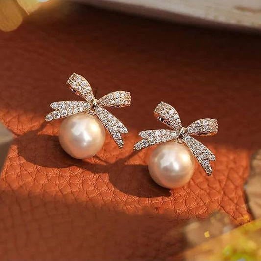 Pearl and Crystal Bow Stud Earrings, Gold Tone