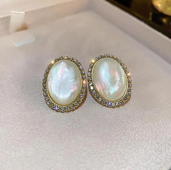 Ethonica Oval Mother of Pearl Stud Earrings with Crystal Rhinestone Halo, Gold-Tone Setting