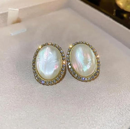 Ethonica Oval Mother of Pearl Stud Earrings with Crystal Rhinestone Halo, Gold-Tone Setting