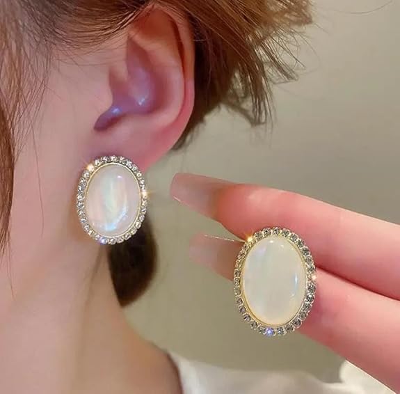 Ethonica Oval Mother of Pearl Stud Earrings with Crystal Rhinestone Halo, Gold-Tone Setting