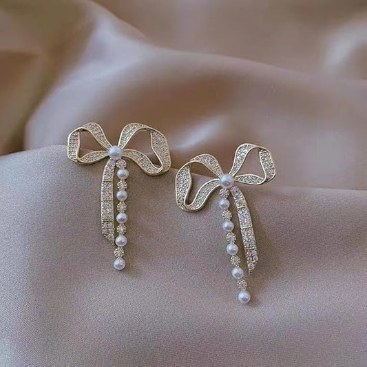 Ethonica Crystal Rhinestone Bow Earring with Pearl Accent