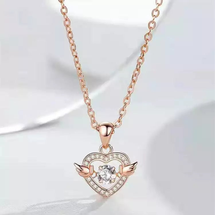 Moving Diamond Zircon Angel Wings Heart Pendant