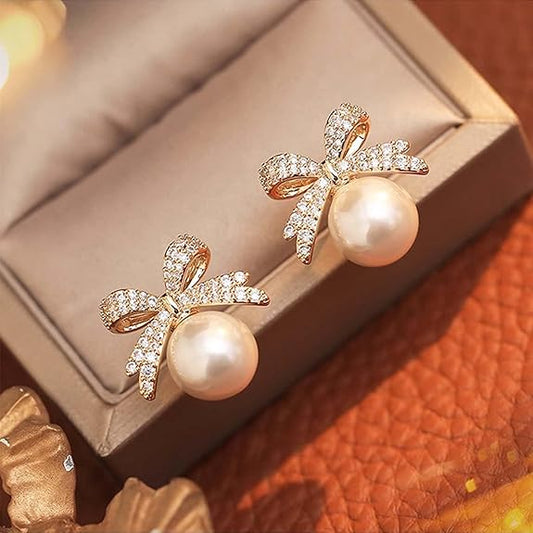 Pearl and Crystal Bow Stud Earrings, Gold Tone