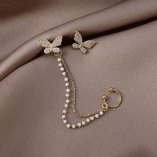 Crystal Butterfly Stud Earring with Pearl Beaded Chain and Gold-Tone Ear Cuff