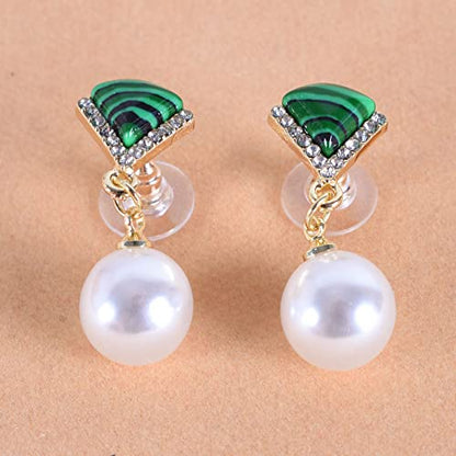 Micro-Inlaid Malachite Fan-Shaped Pearl Retro Earrings