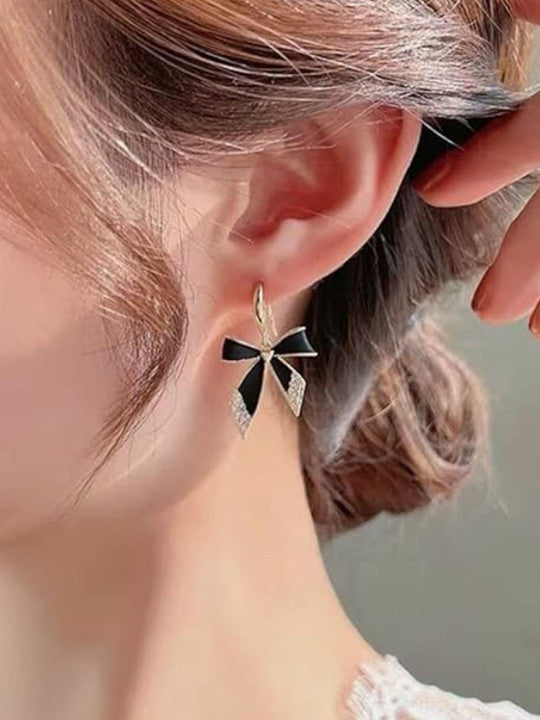 Black Enamel Bow Drop Earrings with Crystal Rhinestone