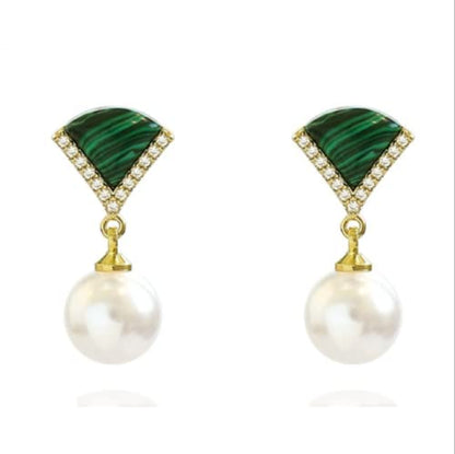 Micro-Inlaid Malachite Fan-Shaped Pearl Retro Earrings
