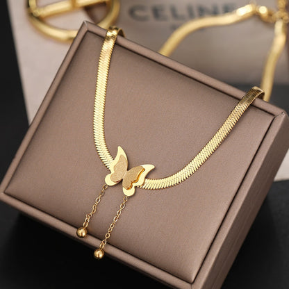 Butterfly Charm Herringbone Chain Choker Necklace