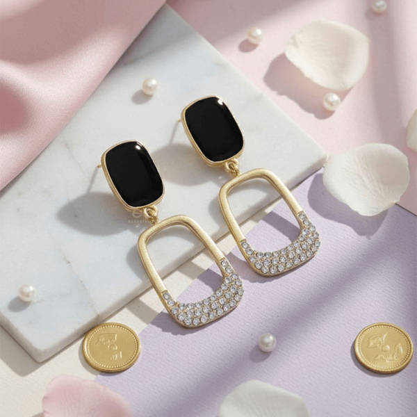Ethonica Gold-Tone Drop Earrings with Black Enamel Stud Top