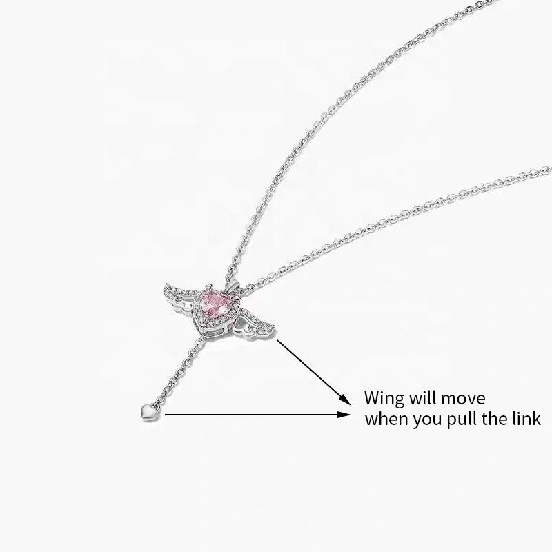 Movable Pink Crystal Zircon Diamond Love Heart Angel Wings Pendant Necklace
