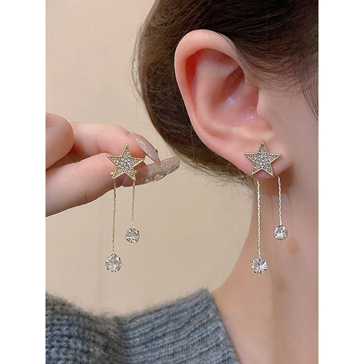 Gold-Tone Crystal Star Tassel Drop Earrings