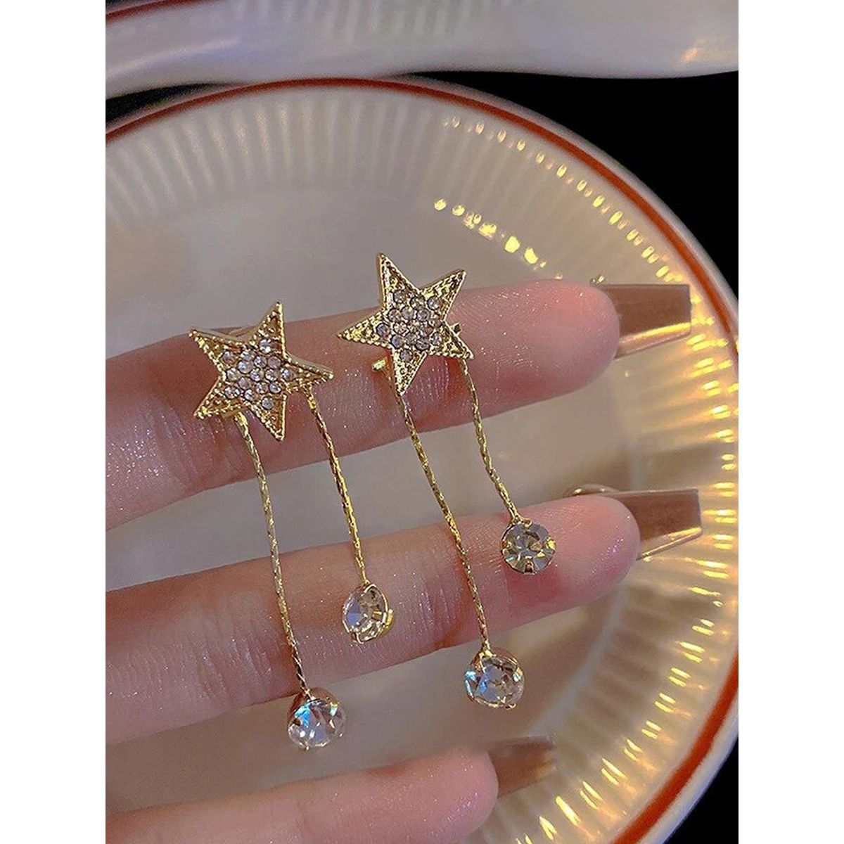 Gold-Tone Crystal Star Tassel Drop Earrings