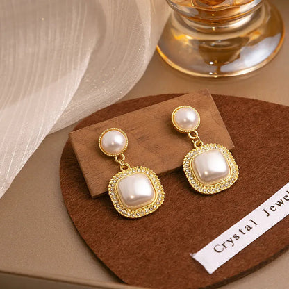 Ethonica Pearl Drop Earrings with Crystal Rhinestone Halo, Gold-Tone Square Pendant Dangle Stud Earrings for Women