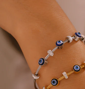 Evil Eyes Zircon Bangle Stainless Steel Cable Bracelet