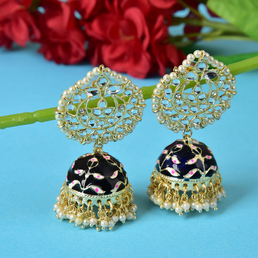 Pearl Gold Plated Kundan Meenakari Jhumka/Jhumki Earring