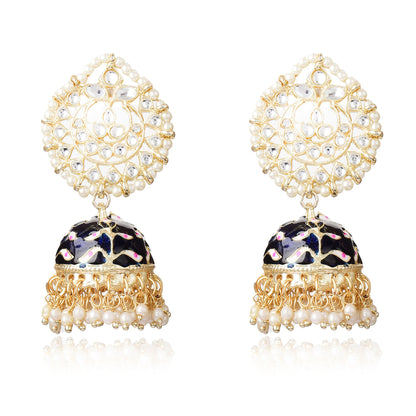 Pearl Gold Plated Kundan Meenakari Jhumka/Jhumki Earring