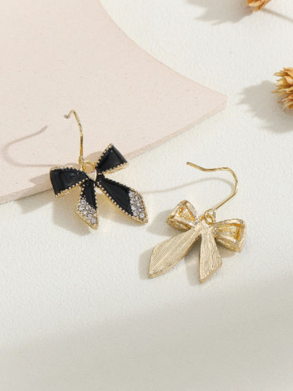 Black Enamel Bow Drop Earrings with Crystal Rhinestone