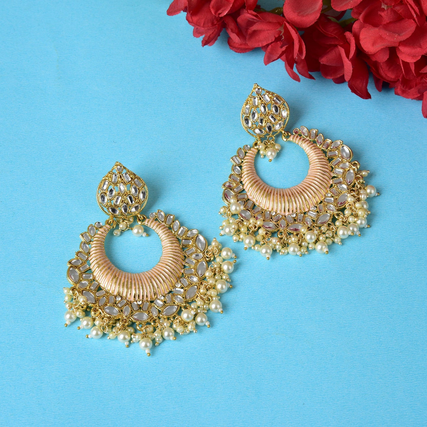 Beautifully Enamelled Plated Metal Kundan And Beads Dangle Earring