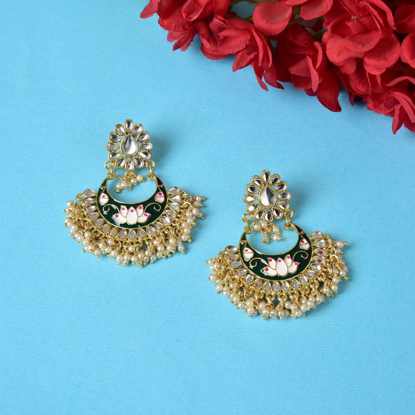 Beautifully Enamelled Kundan And Pearls Dangle Earring