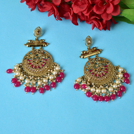 Pearl Brass Red Kundan Meenakari Chandbali Earring