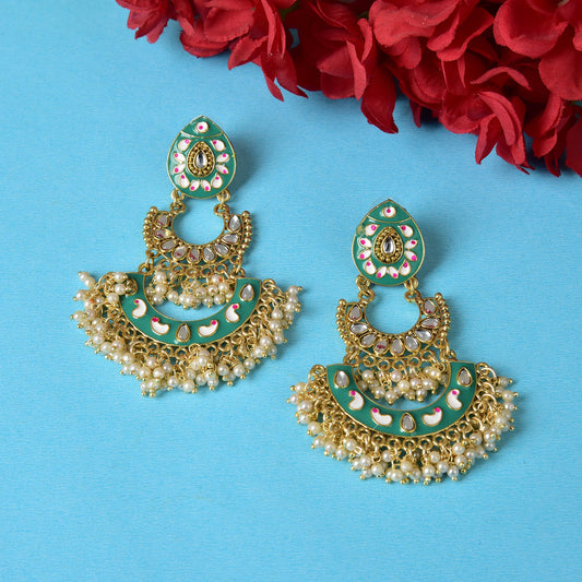 Gold Tone Enamel Handcrafted Pearl Dangle Earrings