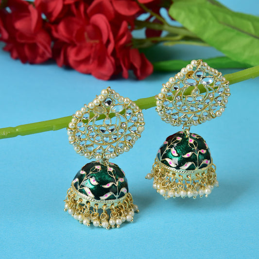 Pearl Gold Plated Kundan Meenakari Jhumka/Jhumki Earring