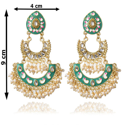 Gold Tone Enamel Handcrafted Pearl Dangle Earrings