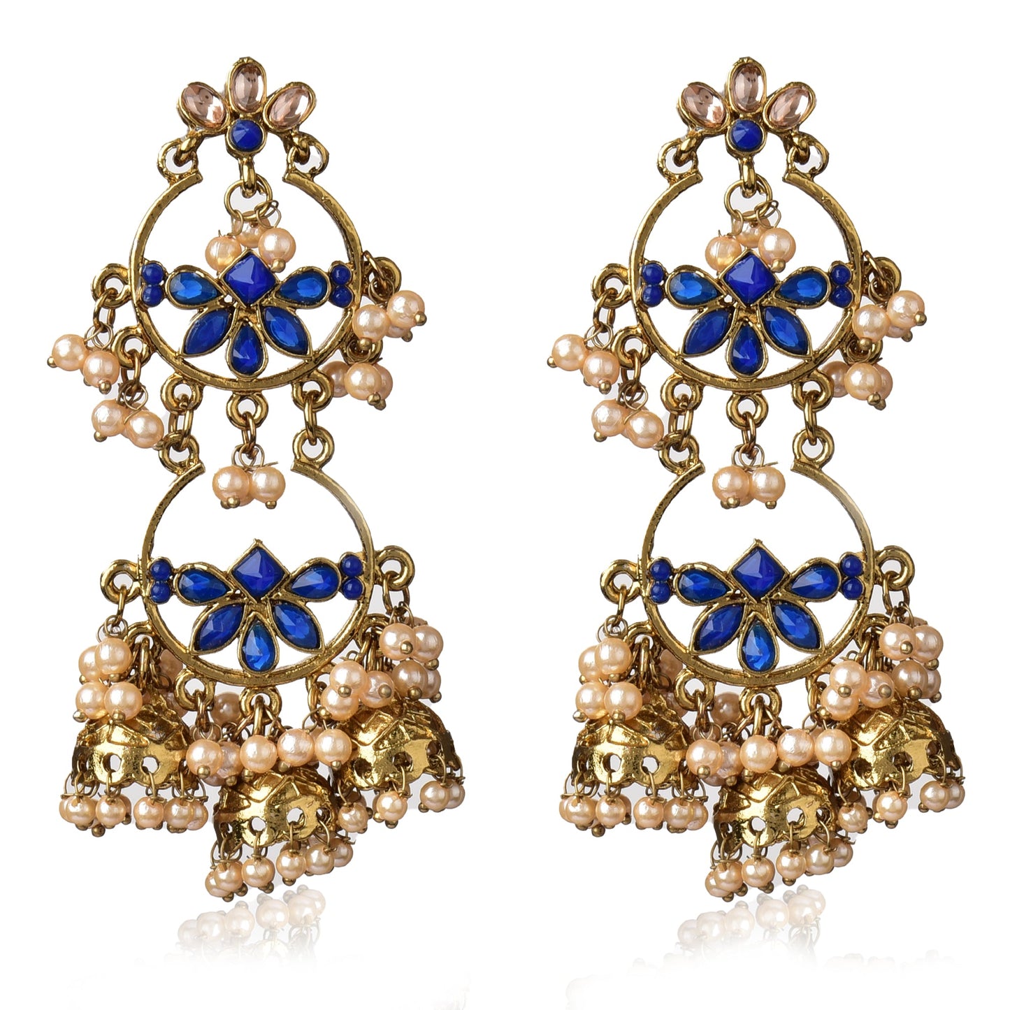 Stylish Traditional Pearl Gold Plated & Blue-Toned Kundan Classic Jhumkas