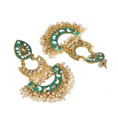 Gold Tone Enamel Handcrafted Pearl Dangle Earrings