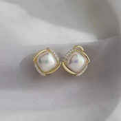 Square Opalescent Stone Stud Earrings with Gold-Tone Frame and Crystal Accents