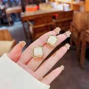 Square Opalescent Stone Stud Earrings with Gold-Tone Frame and Crystal Accents