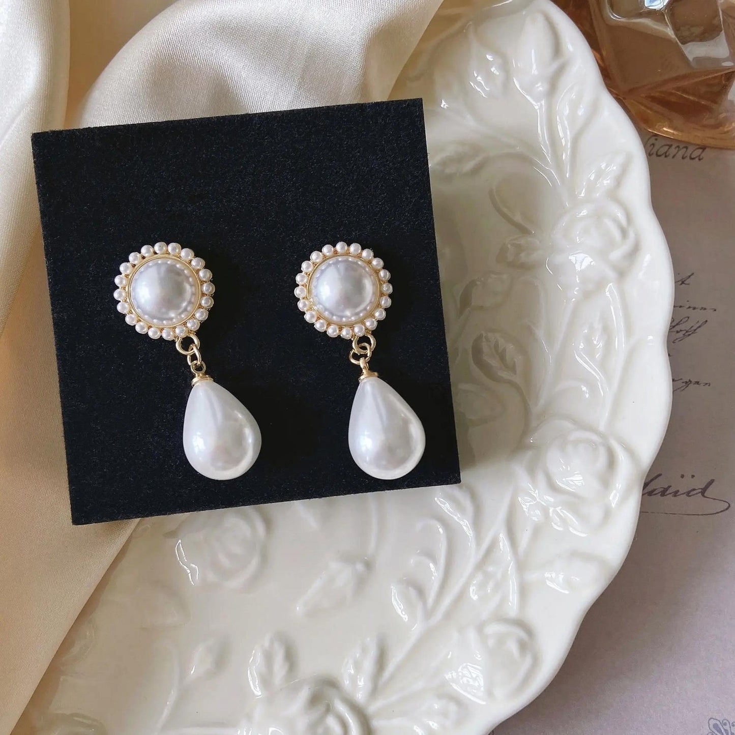 White Teardrop Dangle with Round Stud Top