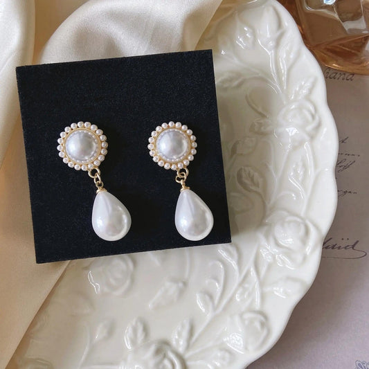 Pearl Drop Earring, White Teardrop Dangle with Round Stud Top, Gold-Tone Setting