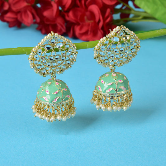 Pearl Gold Plated Kundan Meenakari Jhumka/Jhumki Earring