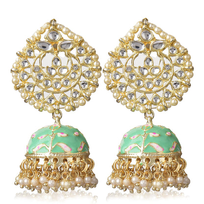 Pearl Gold Plated Kundan Meenakari Jhumka/Jhumki Earring