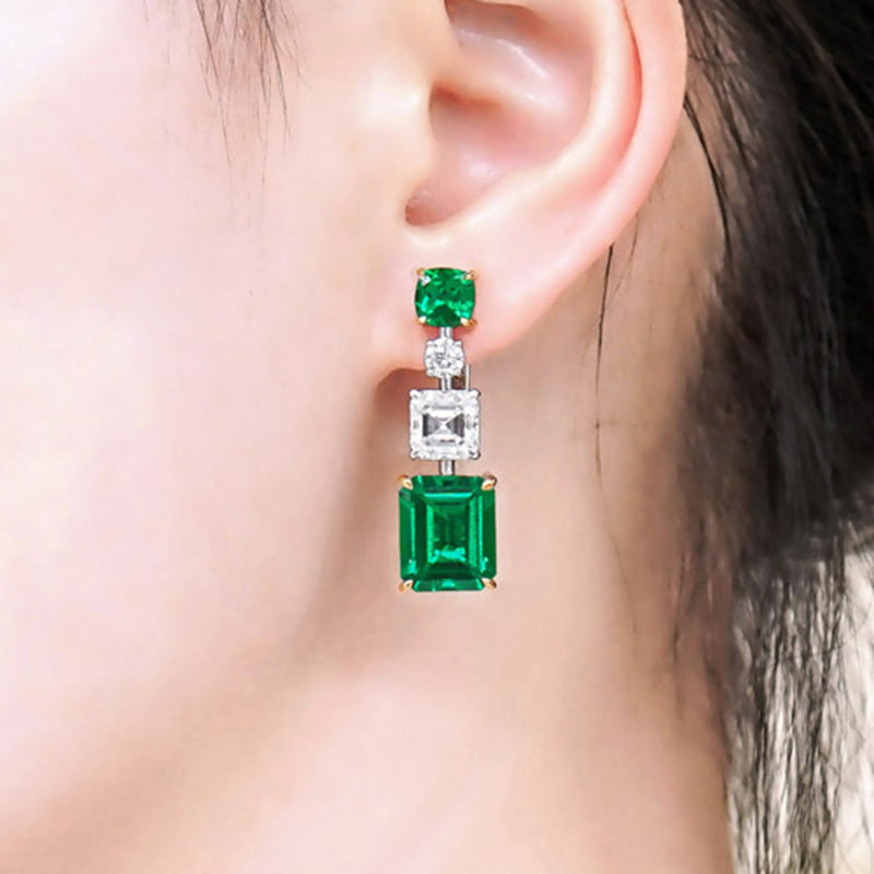 Gemstone Zircon Earrings Noble Green Rectangle Silver Dangle Earrings
