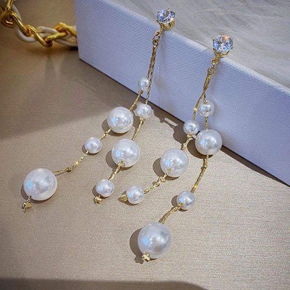 Long Pearl Earrings , Gold Chain Tassel Dangle