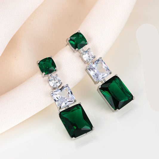 Gemstone Zircon Earrings Noble Green Rectangle Silver Dangle Earrings