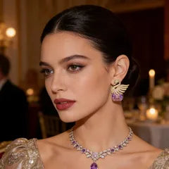 Ethonica Swan Stud Earrings with Purple Crystal Gemstone, Gold-Tone Pavé Rhinestone Wings.