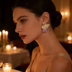 Ethonica Swan Stud Earrings with Purple Crystal Gemstone, Gold-Tone Pavé Rhinestone Wings.