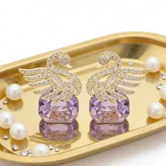 Ethonica Swan Stud Earrings with Purple Crystal Gemstone, Gold-Tone Pavé Rhinestone Wings.
