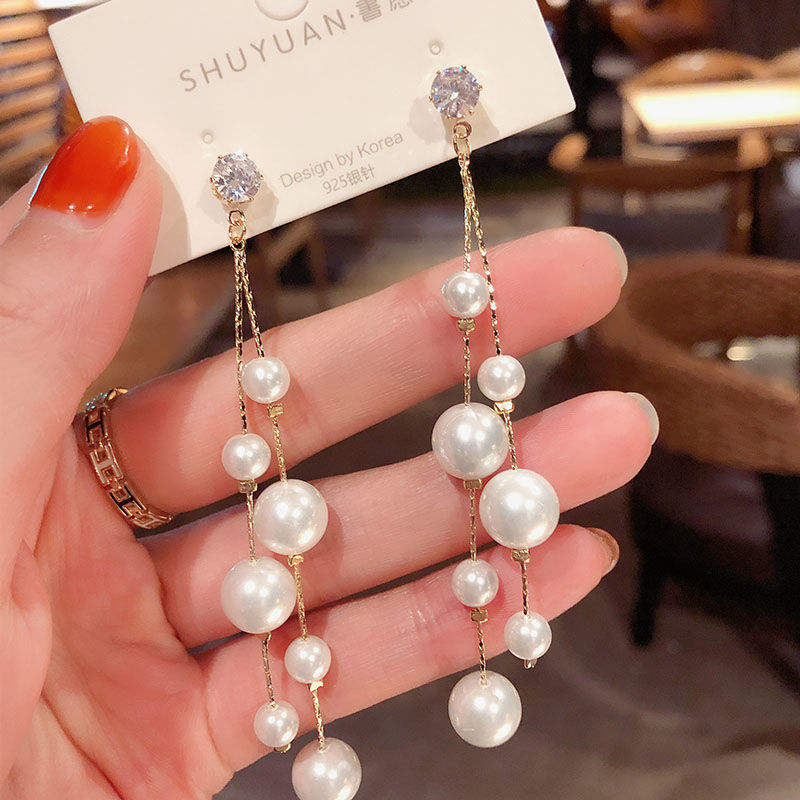 Long Pearl Earrings , Gold Chain Tassel Dangle