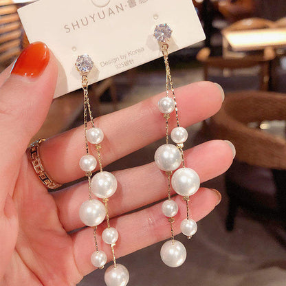Long Pearl Earrings , Gold Chain Tassel Dangle