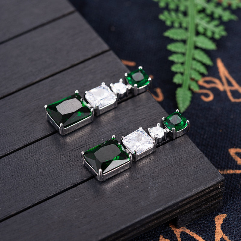 Gemstone Zircon Earrings Noble Green Rectangle Silver Dangle Earrings