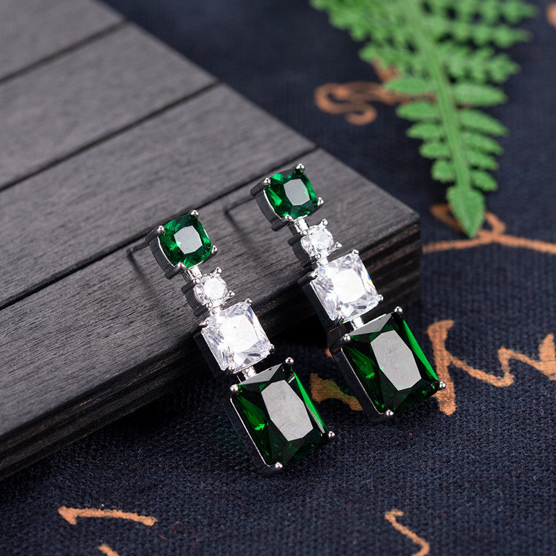 Gemstone Zircon Earrings Noble Green Rectangle Silver Dangle Earrings