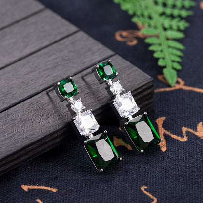 Gemstone Zircon Earrings Noble Green Rectangle Silver Dangle Earrings