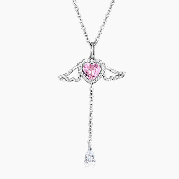 Movable Pink Crystal Zircon Diamond Love Heart Angel Wings Pendant Necklace