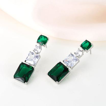 Gemstone Zircon Earrings Noble Green Rectangle Silver Dangle Earrings