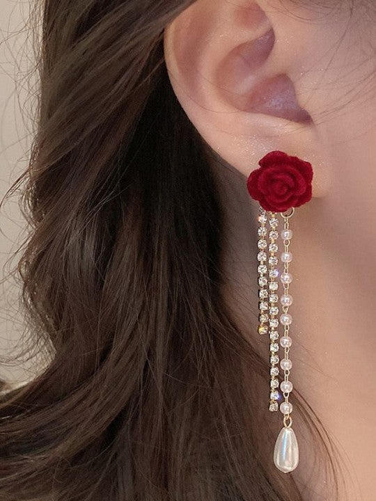 Red Velvet Rose Tassel Drop Earrings with Pearl